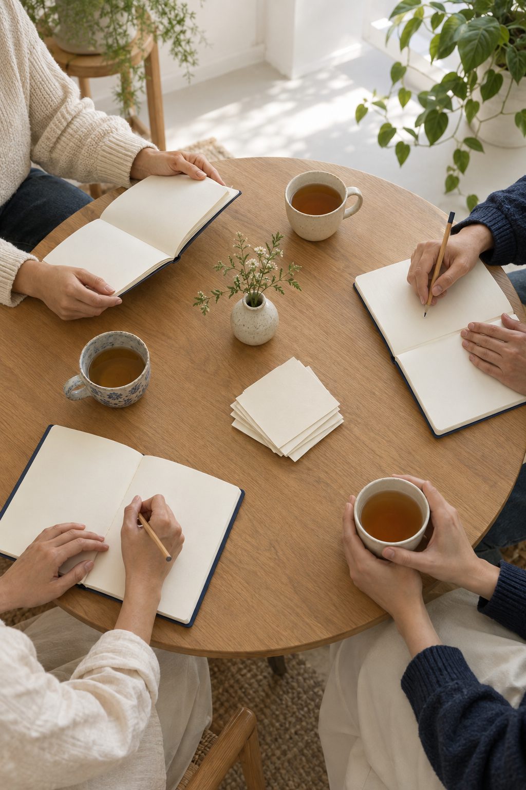 Manos de varias personas escribiendo en cuadernos alrededor de una mesa redonda con tazas de té.