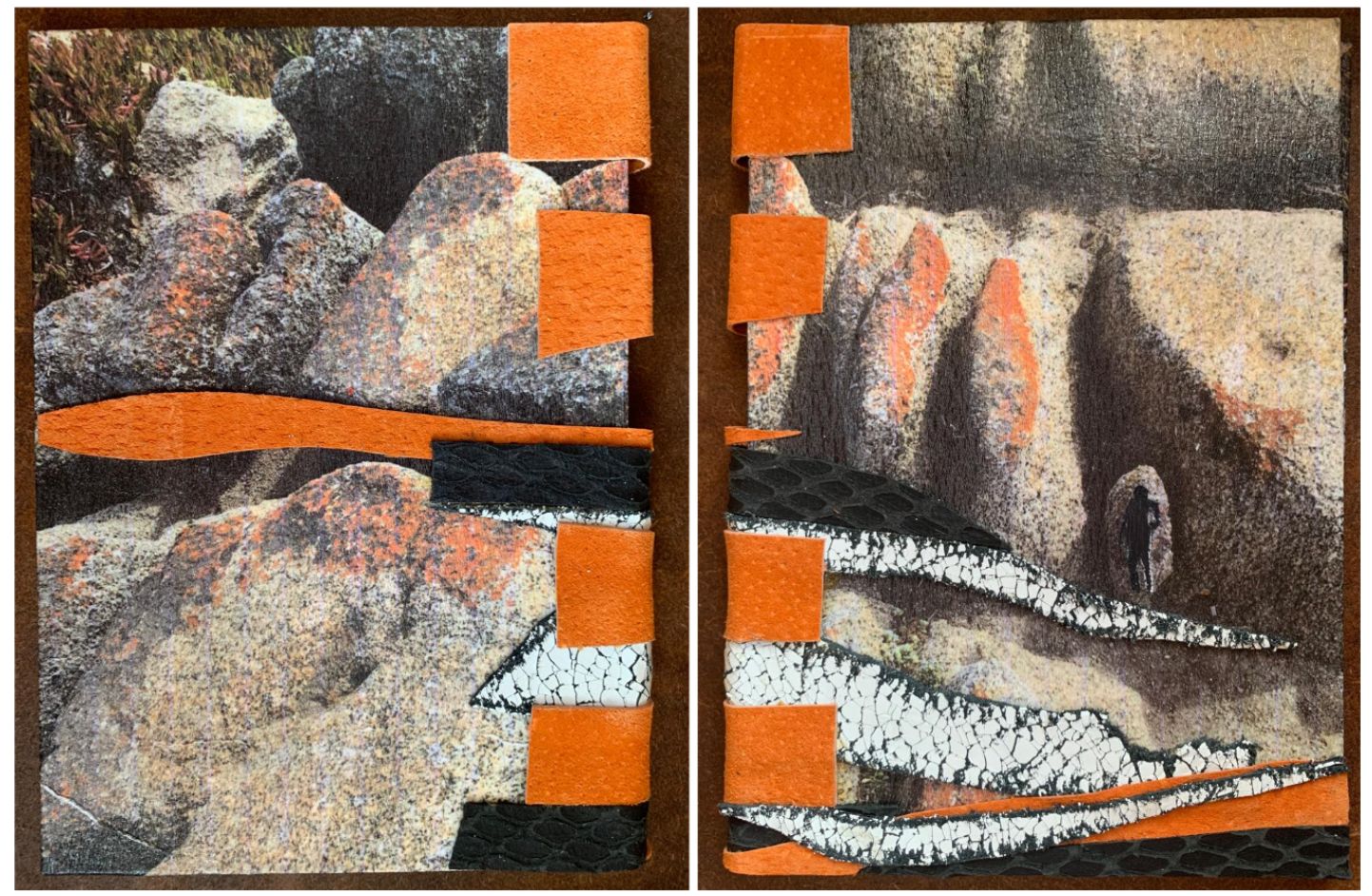 Dos cuadernos cuyas tapas forman un paisaje de rocas, con pestañas y franjas de cuero naranjo.